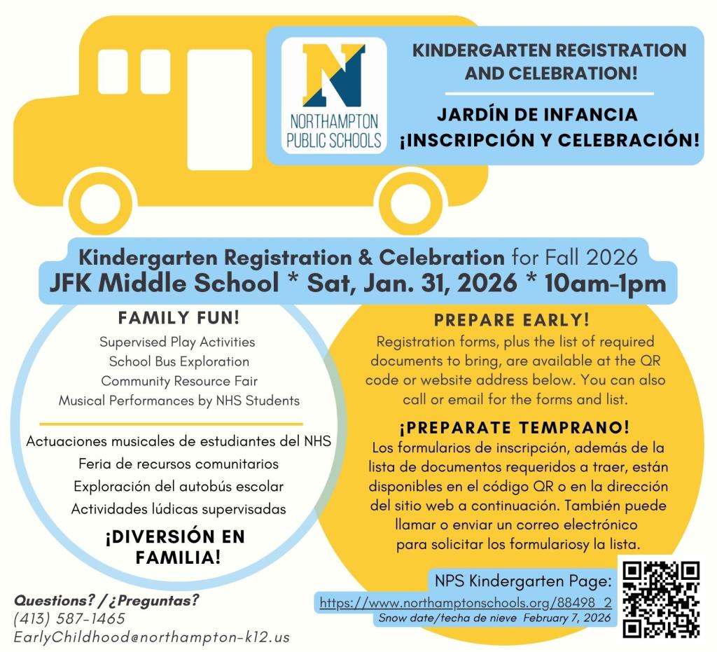 the flyer features information on the Kindergarten Registration and Celebration taking place on Sat Jan 31 from 10am - 1 pm at JFK Middle Schools